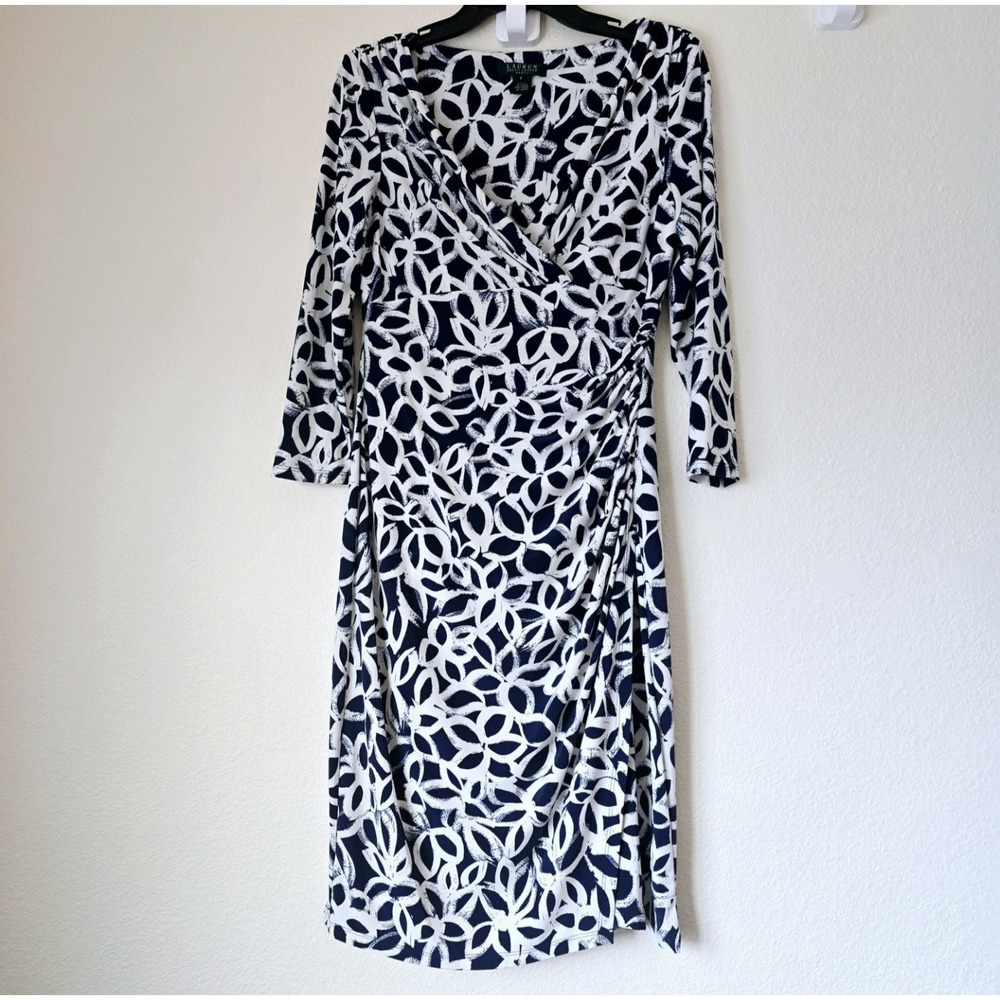 Lauren Ralph Lauren Faux Wrap Dress Women's Sz 6 V Neck Side Ruched Stretch Midi